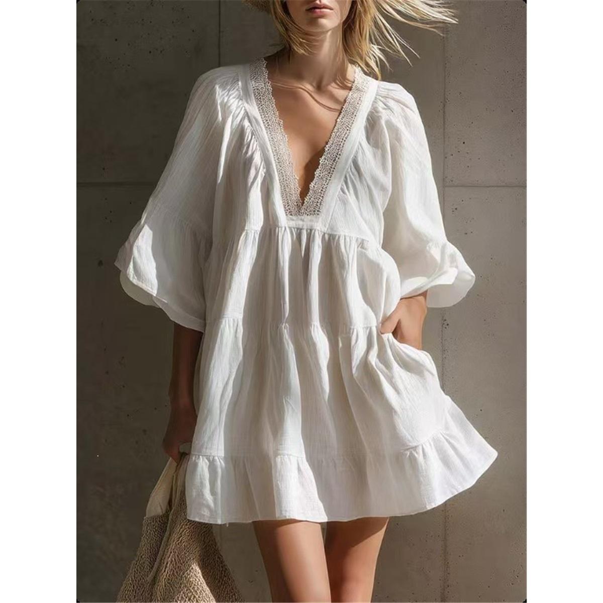 Dames V-hals Kantrand Mini Jurk Wijde Klokmouwen Los Gelaagd Ruches Korte Jurk Casual Strandvakantie Dames Zomerjurk S wit