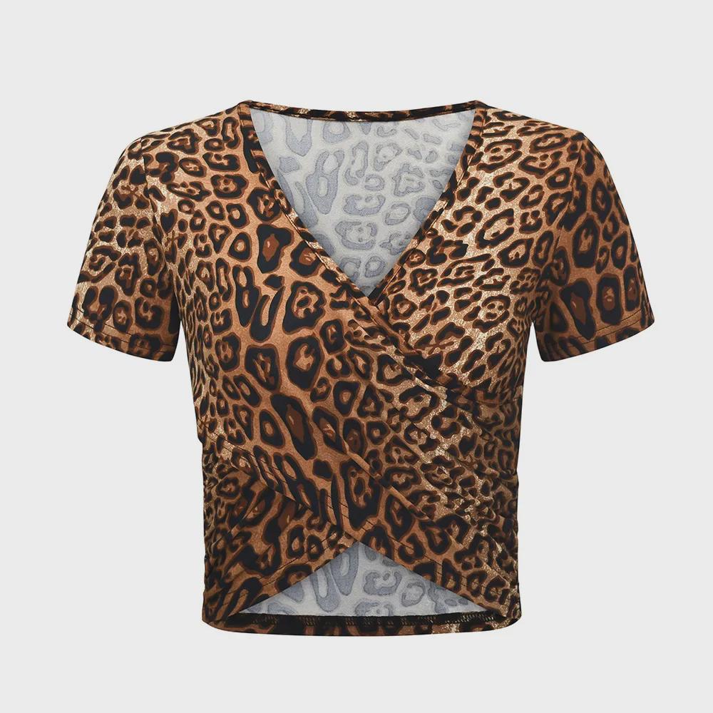2020 Summer V-neck Slim Fit Leopard & Snake Print Crop Top T-shirt for Women