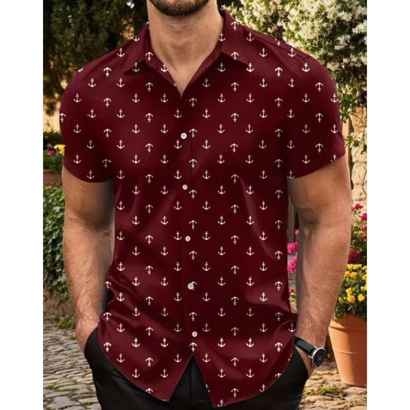 Men Anchor Print Lapel Short Sleeve Button Down Shirt