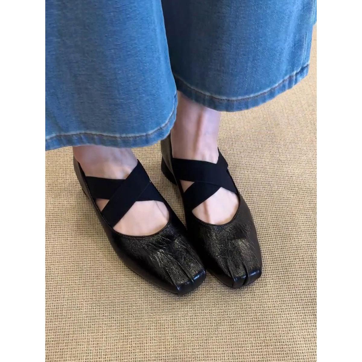 

Sheepskin version~ Square head retro handmade ballet single shoes women s cross strap thick heel ballet shoes Mary Jane single shoes 34