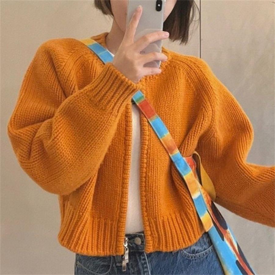 Solid Color Autumn Winter Short Sweater Jacket Women's Thick Zipper Long Sleeved Knitted Cardigan Top