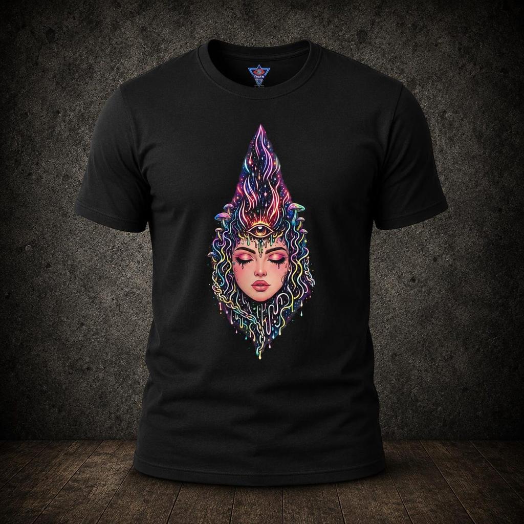 Mystic Flame Goddess Neon Boho Portrait T-Shirt | Aura Streetwear