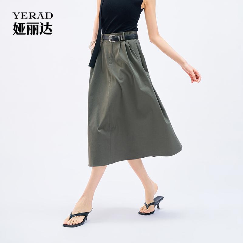 High street casual workwear style half skirt, fashionable pleated high waisted A-line skirt