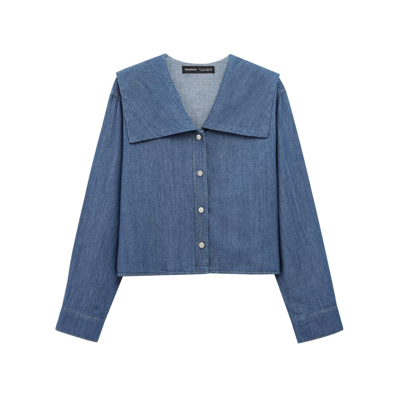 

2025 Spring/Autumn European & American Style Women s French Denim-Effect Cotton Collared Shirt Small синий
