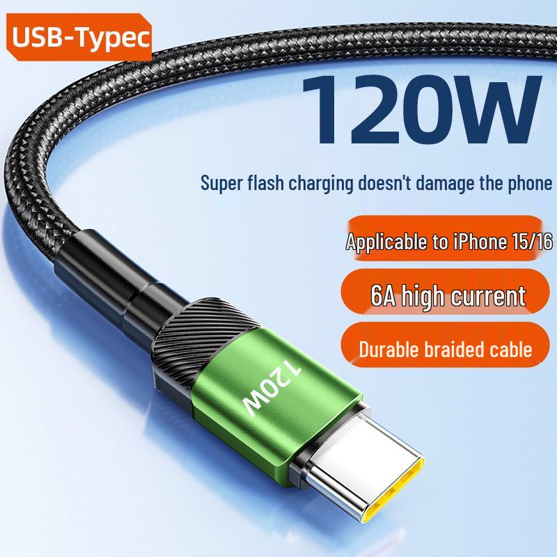 120W High-Speed Type-C Charging Cable 6A for Apple 15/16, Huawei, Vivo, Oppo