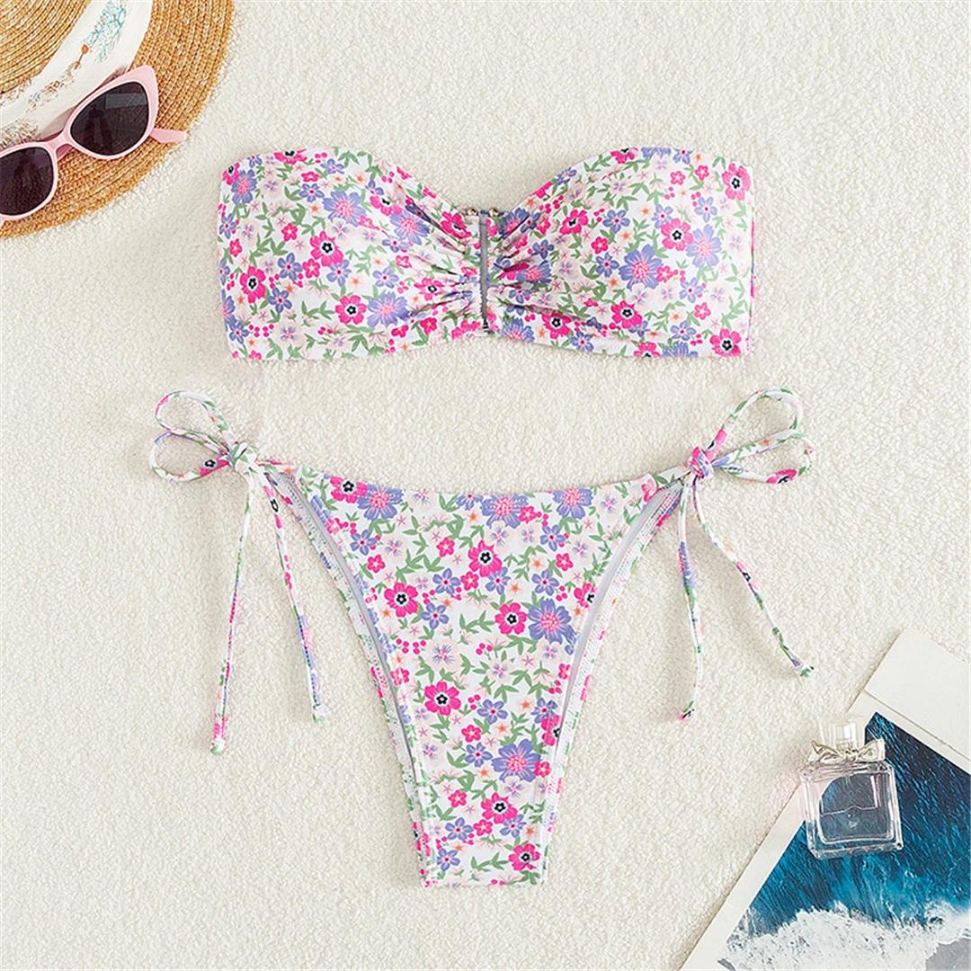 

XS - L Flowers Printed Floral Bandeau Bikini Female Swimsuit Women Swimwear Two-pieces Bikini set Bather Bathing Suit Swim XS