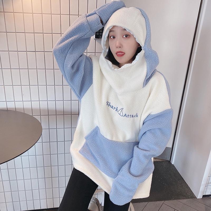 Women's Cute Shark Hooded Sweatshirt - Loose Fit, Korean Style, 2025 Autumn/Winter Lamb Wool