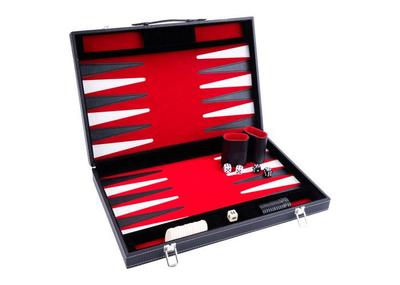 Backgammon De Voyage 11 28 Cm Dans Une Valise, Feutres Et Simili Cuir Surpiques Rouge Noir Blanc