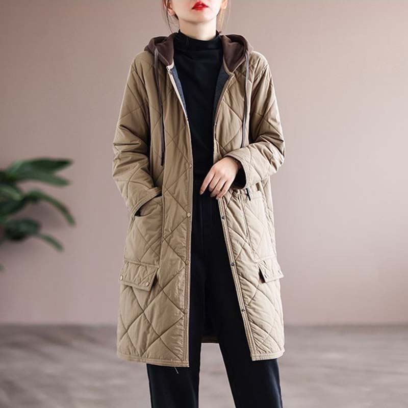 

Стеганая ромбовидная свободная хлопковая куртка женская теплая парка с капюшоном в стиле пэчворк повседневная езда на работу весна и осень в стиле Харадзюку 3XL хаки