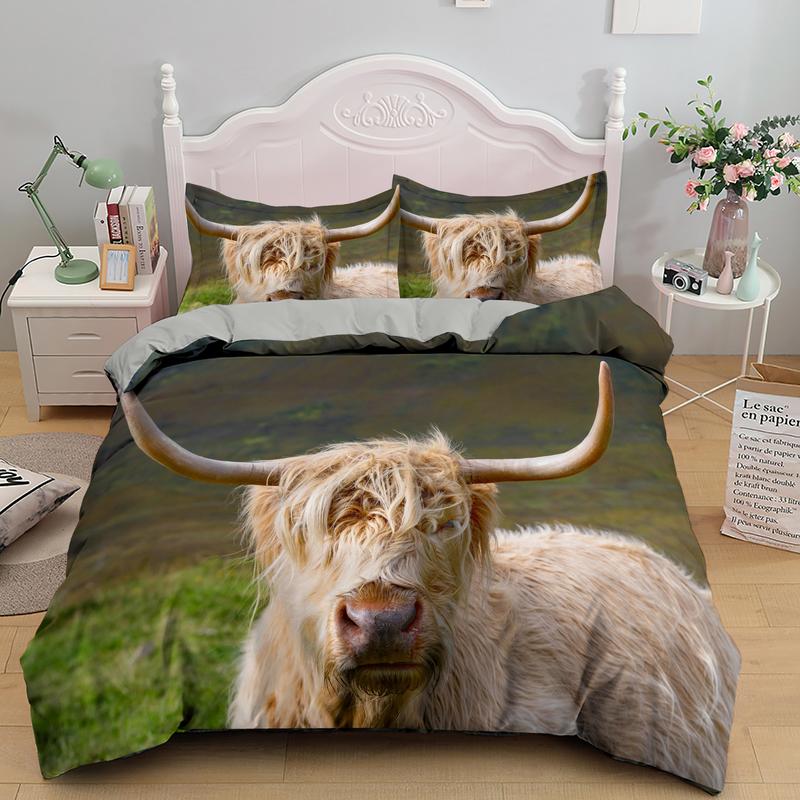 Highland Cattle Duvet Cover Set Flower Pattern Farm Animals Polyester Comforter Cover King Queen Size For Adult Men Bedding Set
