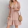 Summer Dress for Women Short Sleeve Pleated V Neck Dress Tiered Swing A Line Dress Casual Flowy Beach
