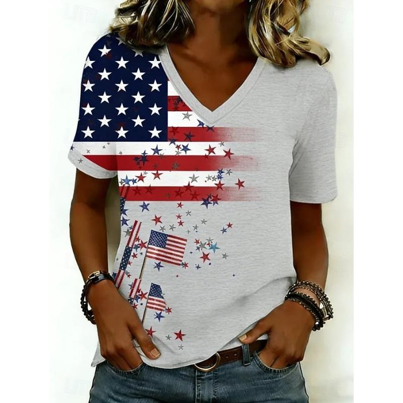 

Women s T Shirt Print Graphic American Classic Short Sleeve V Neck Regular TopsSummer Spring S