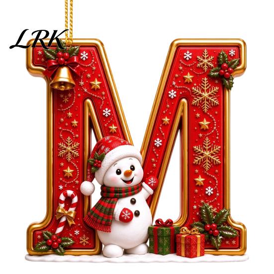 Decorative Gift Tags Cute Snowman Letter Christmas Ornament, 2D Flat Personalized A-Z Alphabet Tree Ornaments Acrylic Hanging Pendant for Xmas