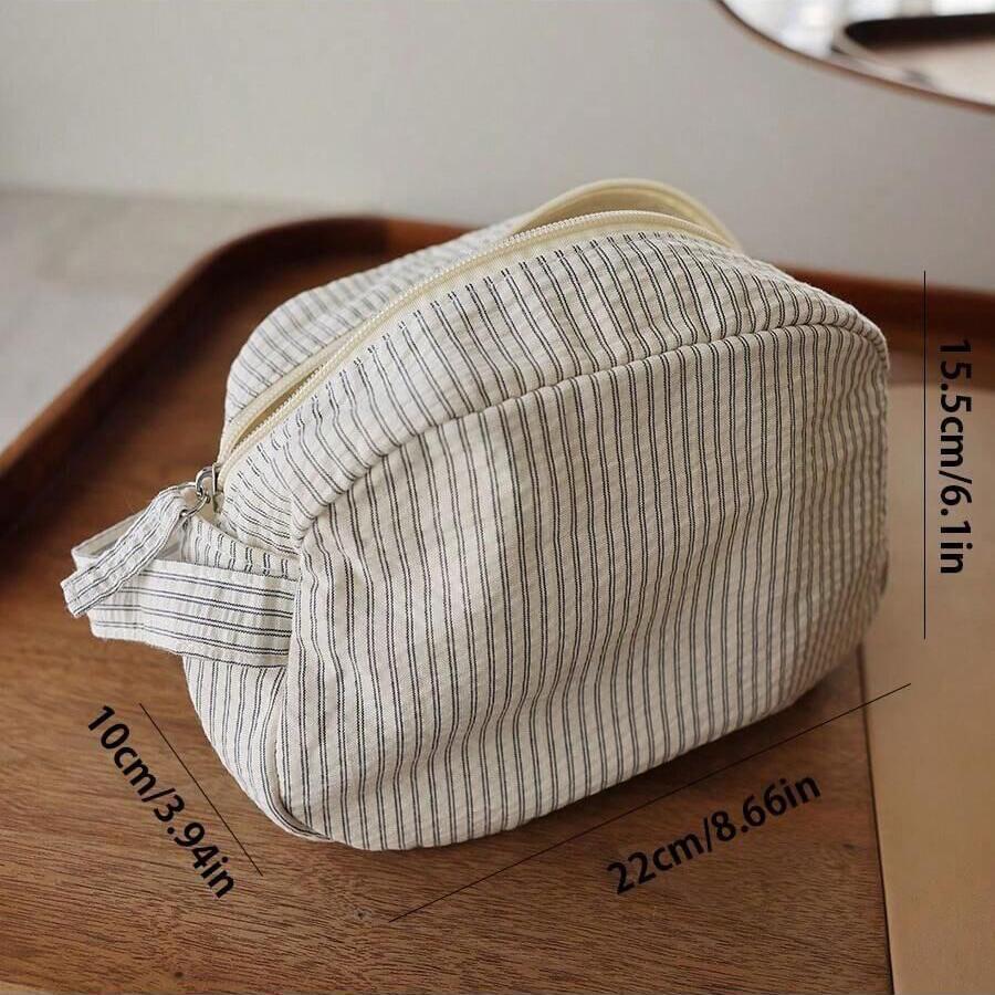 Klassische gestreifte tragbare Kosmetiktasche mit großem Fassungsvermögen aus Baumwollleinenstoff, dunkler Reißverschluss, Reise-Aufbewahrungstasche für Hautpflege
