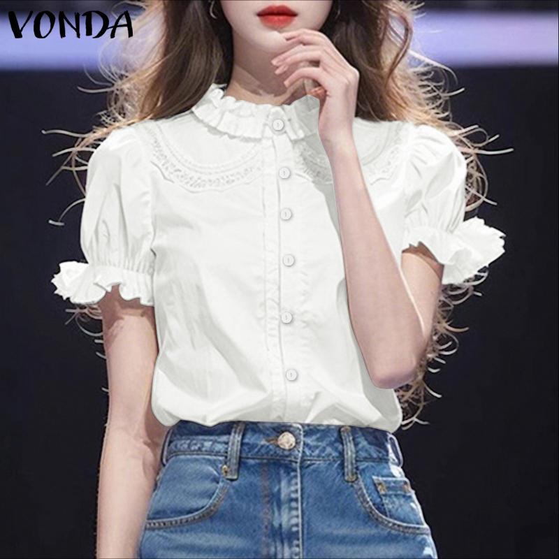 VONDA Elegant Women Blouse Casual Puff Sleeve V Neck Crochet Hem Ruffled Tops