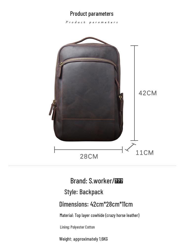 Retro Casual Crazy Horse Leather Double Shoulder Backpack, Genuine First Layer Cowhide for Men.