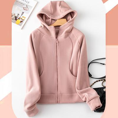 Autumn Winter Solid Color Loose Casual Zipper Hooded Sweatshirt Women Velvet Warm Hoodies Cardigan Top