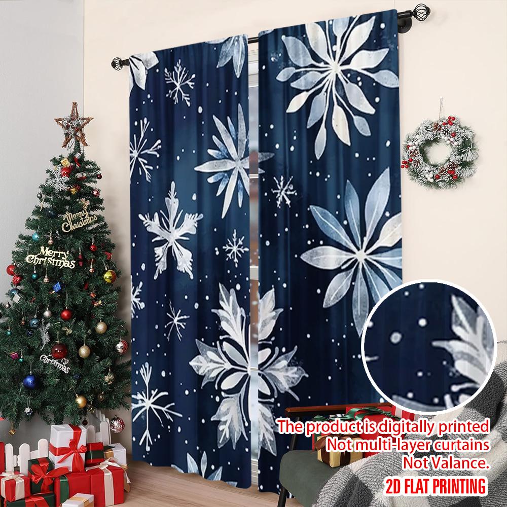 2pcs 2D flat printing Christmas Scene Curtain Blue Snowflakes Versatile Durable Polyester Without Electricity Versatile for