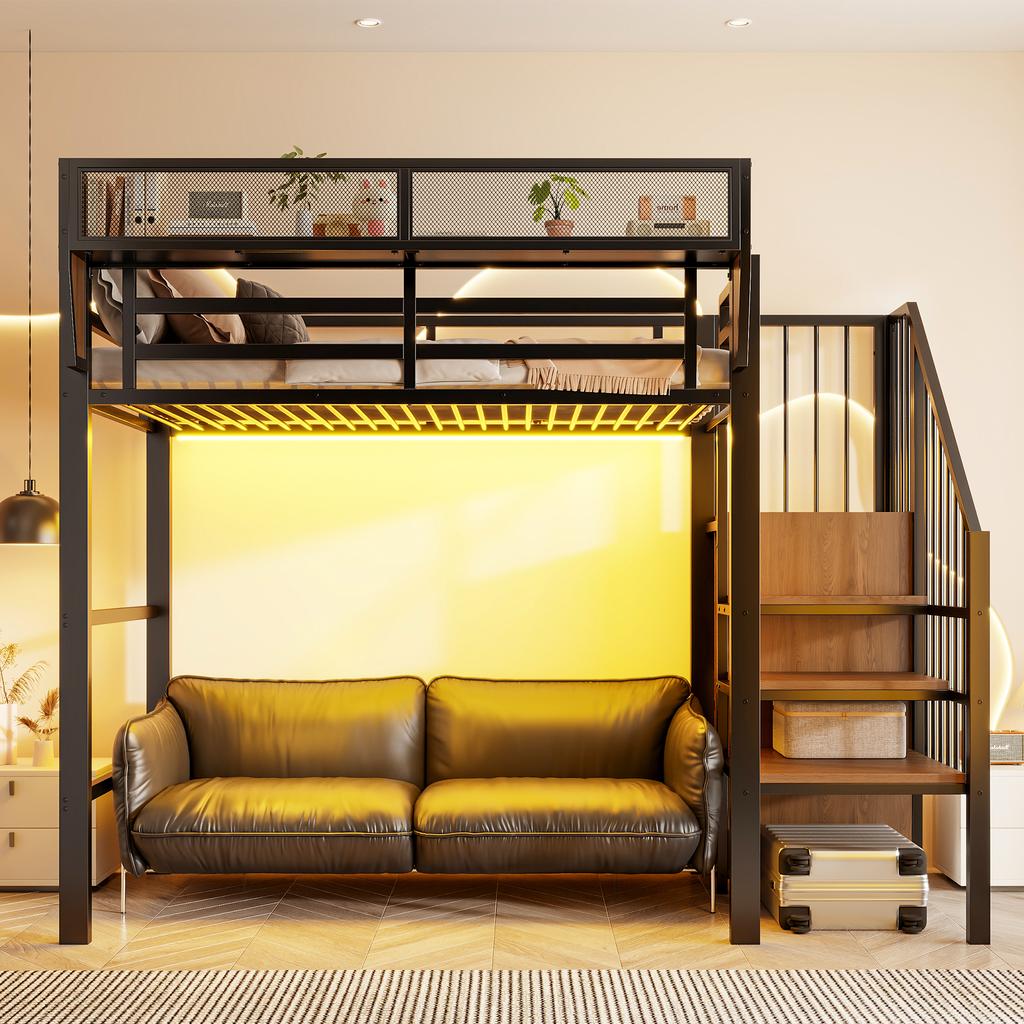 Letto Alto 90x200 con Striscia LED, Scala di Sicurezza e Spazio di Archiviazione Flessibile Letto in Metallo Letto per Adulti Letto a Castello per Bambini Nero