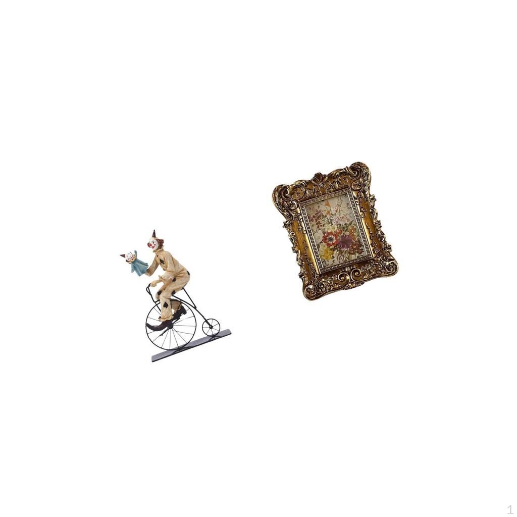Clown Figurine Sculpture Collection with Hand Carved Floral Photo Frame Tabletop Centerpiece Cabinet