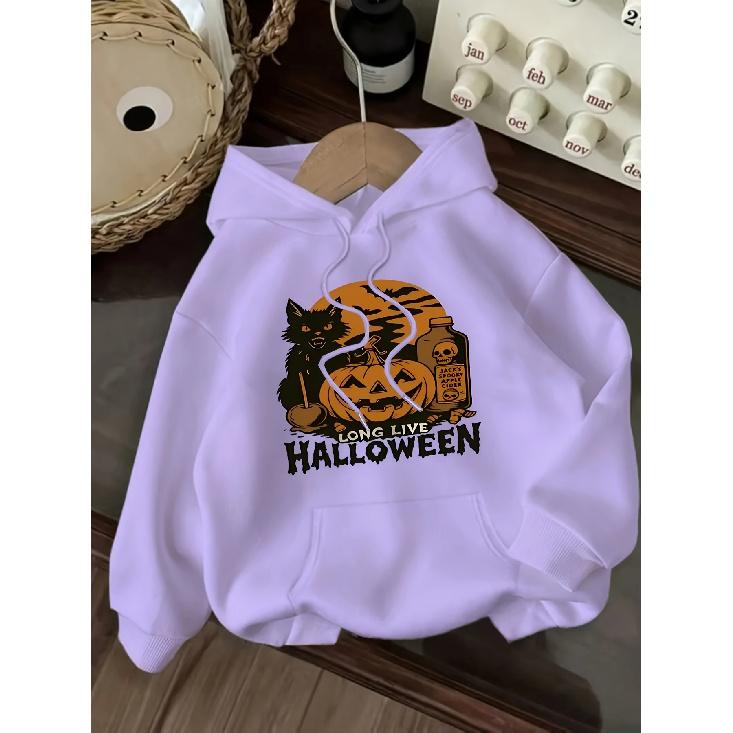 New Women's Casual Fashion Halloween Black Cat & Pumpkin Print Kangaroo Pocket Drawstring Hoodie