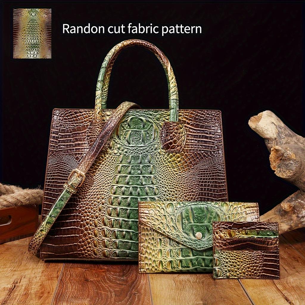 3 Pcs Crocodile Pattern Handbag & Purses Set, Multi-functional Vintage Top Handle Crossbody Bag & Business Clutch Bag & Card Coin Purse