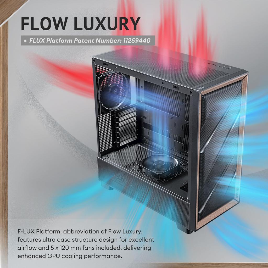ANTEC FLUX Serie FLUX SE Leises PC-Gehäuse mit schallabsorbierenden Materialien und Echtholz-Mid-Tower