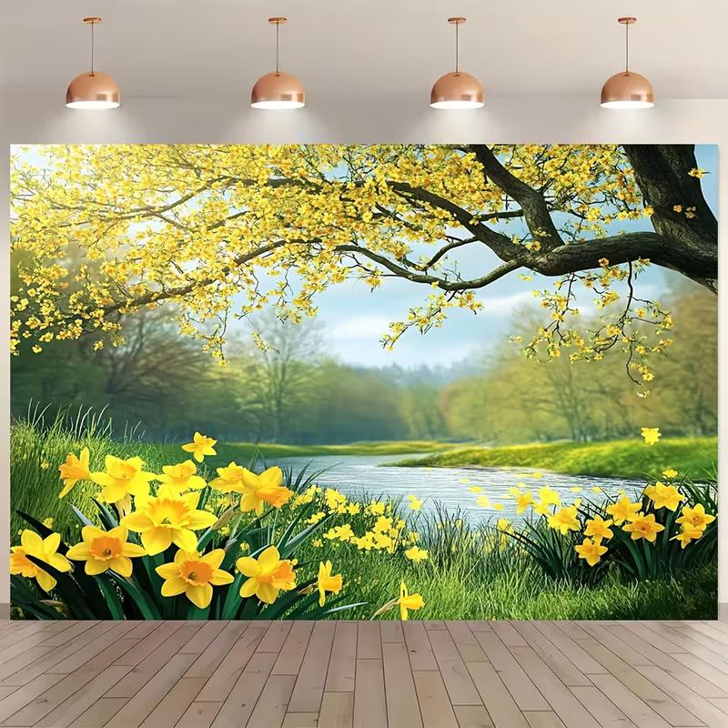 2D Printed Spring Forest & River Backdrop, Yellow Flower Scenery Photo Background for Photoshoot