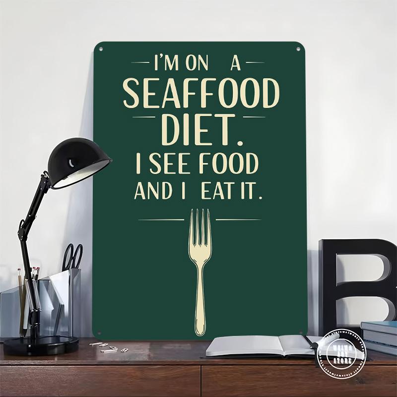 Seafood Diet Funny Quote With Fork Metal Poster Metal Signs Wall Art Custom Tin Sign for Home Decoration House Decor Wand Deko