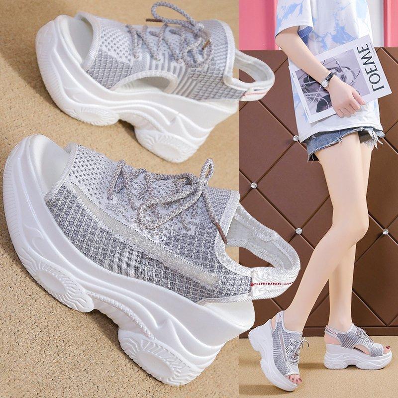 White Women Platform Sandals 2024 Summer New Knitted Fish Mouth Shoes High Heels Chunky Platform Sports Sandals Female Sneakers