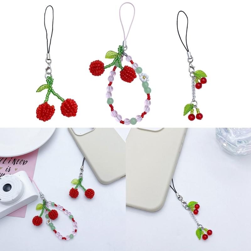 Fashion Beaded Cherry Phone Charm Straps Car Keys Hanging Pendants Y2K Style Bag Decoration Lanyard Purse Accessories