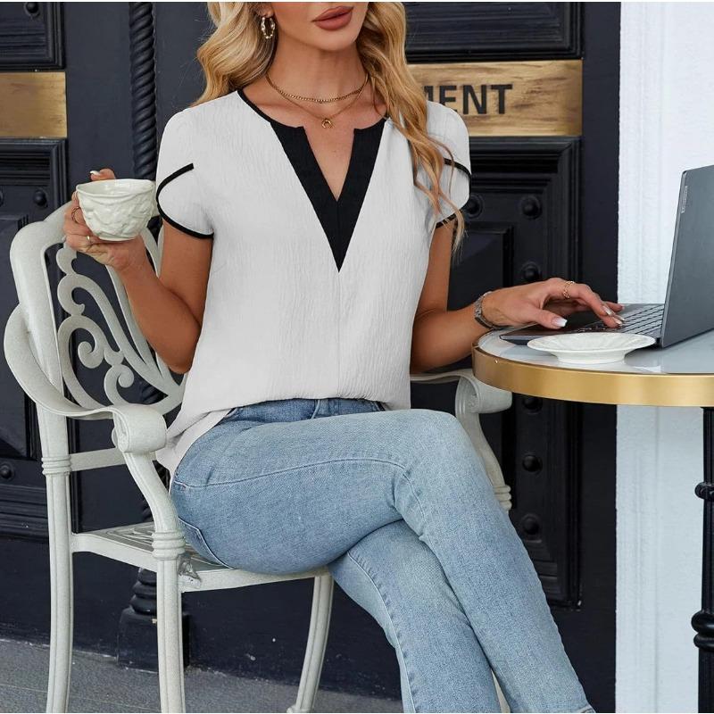 Women Fashion Colorblock V Neck Petal Short Sleeve Blouse S белый