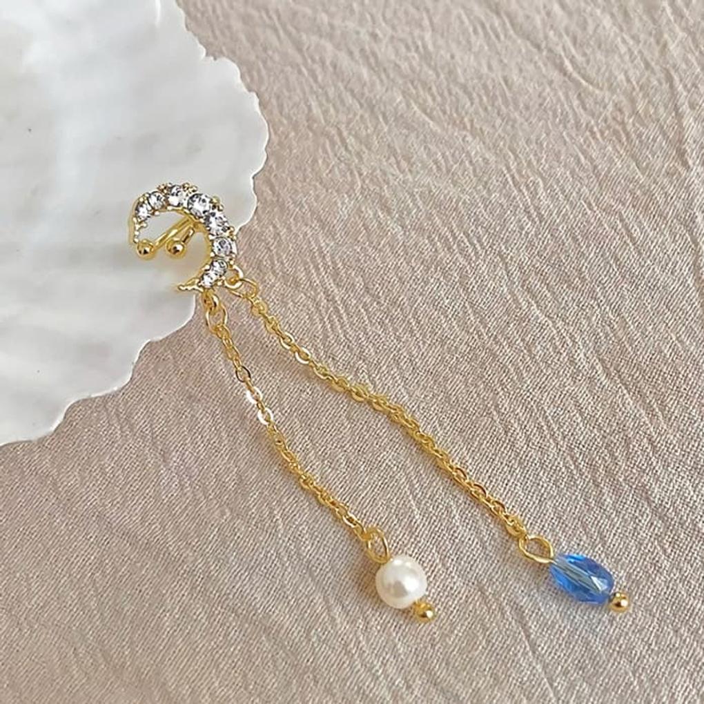 

Daily ear cuff earrings, blue bead point single gold