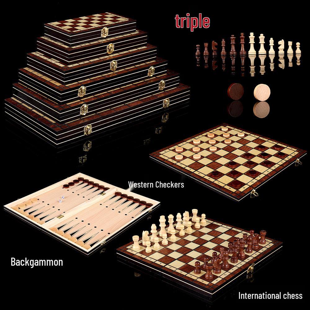 New Three-in-One Foldable Portable Wooden Chess Board - Professional Educational Game