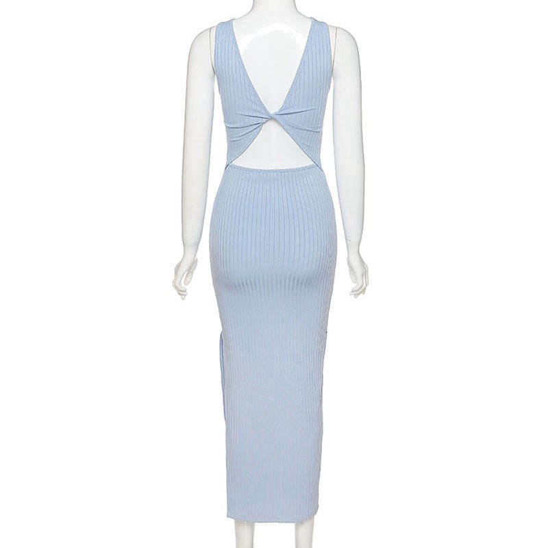 Summer Spaghetti Strap Knitted Dress Women Backless Slim Hip Ladies Solid Color Sling Long Party Dress