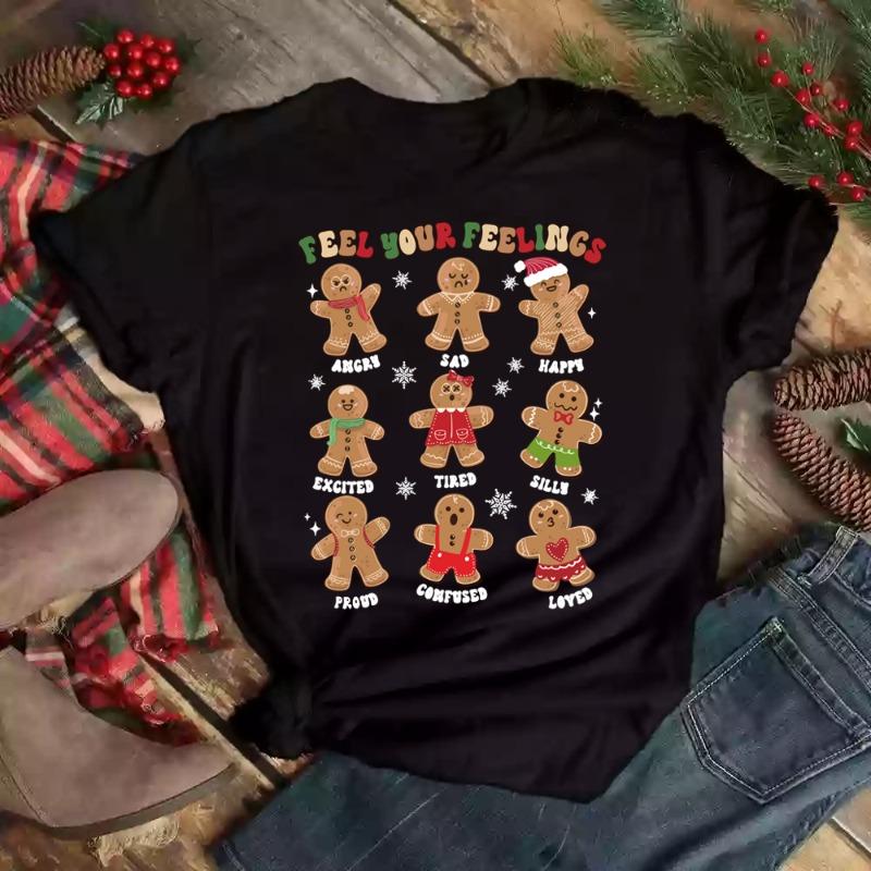 

Gingerbread Christmas Cartoon Letter Printed Tshirt Sweet and Cute Casual Short Sleeve Round Neck Summer Top Womens Tshirt 4XL