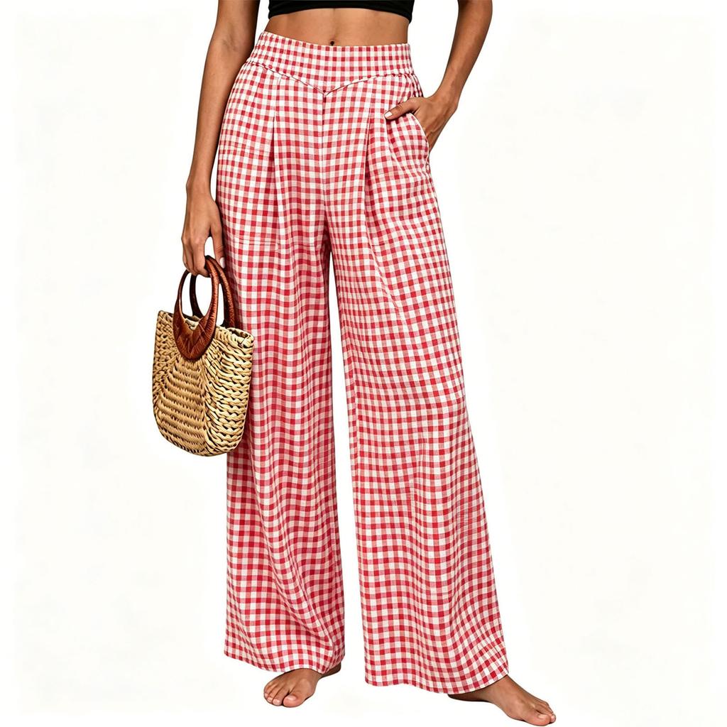 Women's Plaid Wide Leg Pants with Elastic Waist and Pockets for Casual Loose Fit