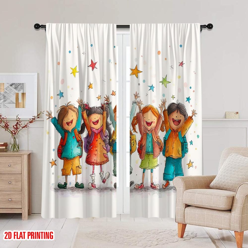 2pcs,2D Plane Printing Curtain Popular Happy Youngsters Back To School Versatile Durable Polyester (without Rod) Holiday for