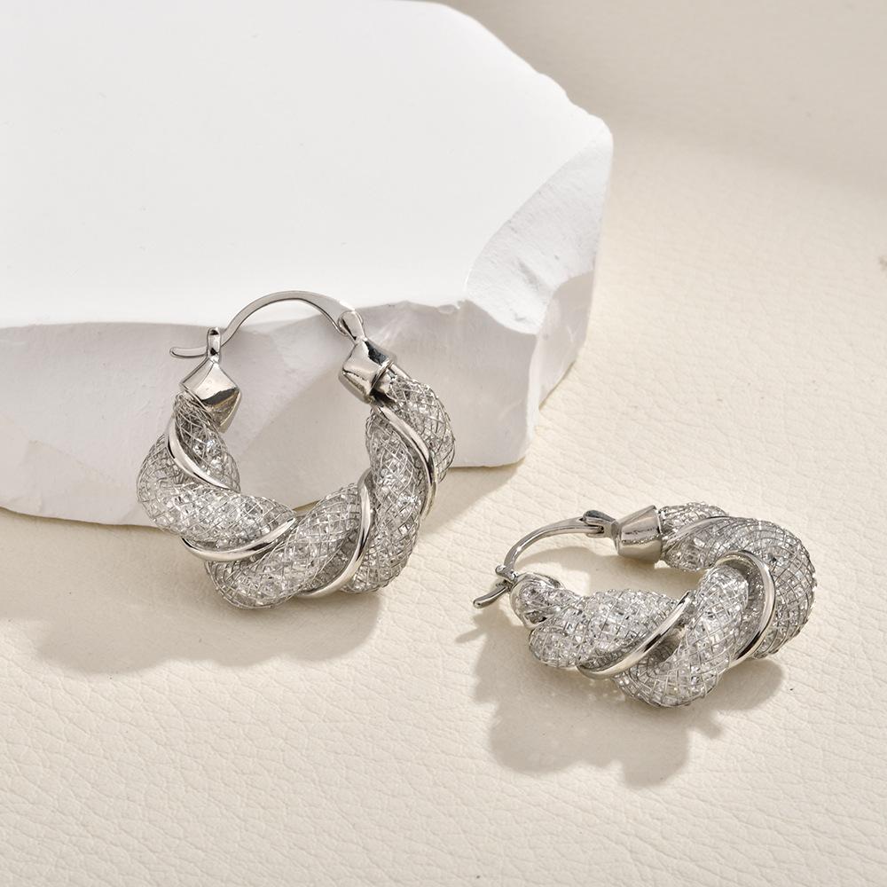 2026 Sparkling Mesh Zircon Twisted Hoop Earrings - Elegant Braided Hollow Ear Buckles for Women High-End Fashion Jewelry