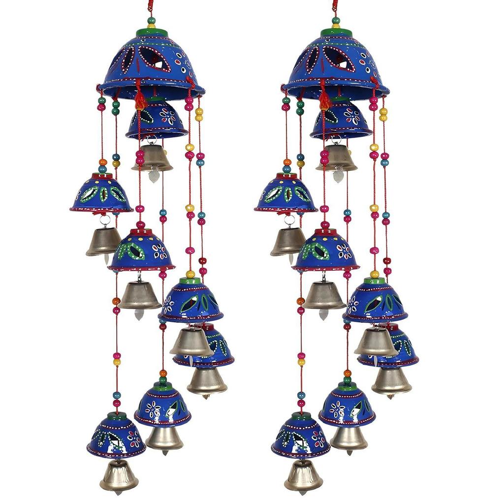Rajasthani Design Handcrafted Hanging Windchimes|Latkan with 8 Bells for Home Decor & Positive Energy,Pack of 2 (Blue), Plastic