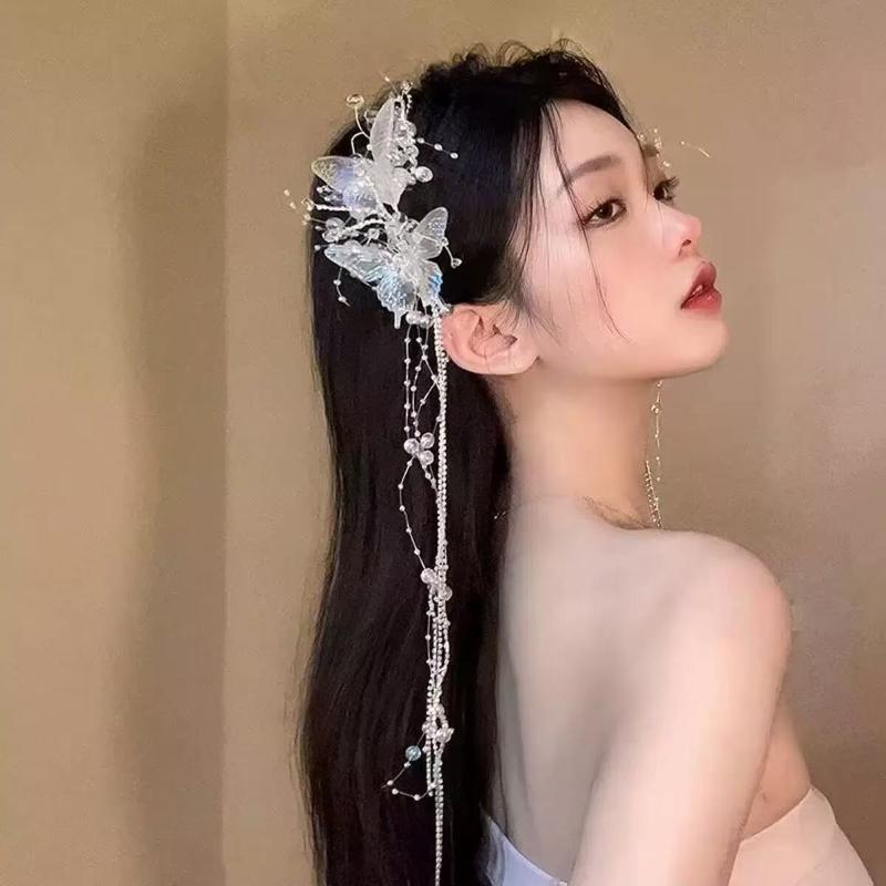 Long Butterfly Beaded Tassel Hair Clip For Women Fairy Temperament Sweet Princess Hairpin Fashion Bride Hair Accessories