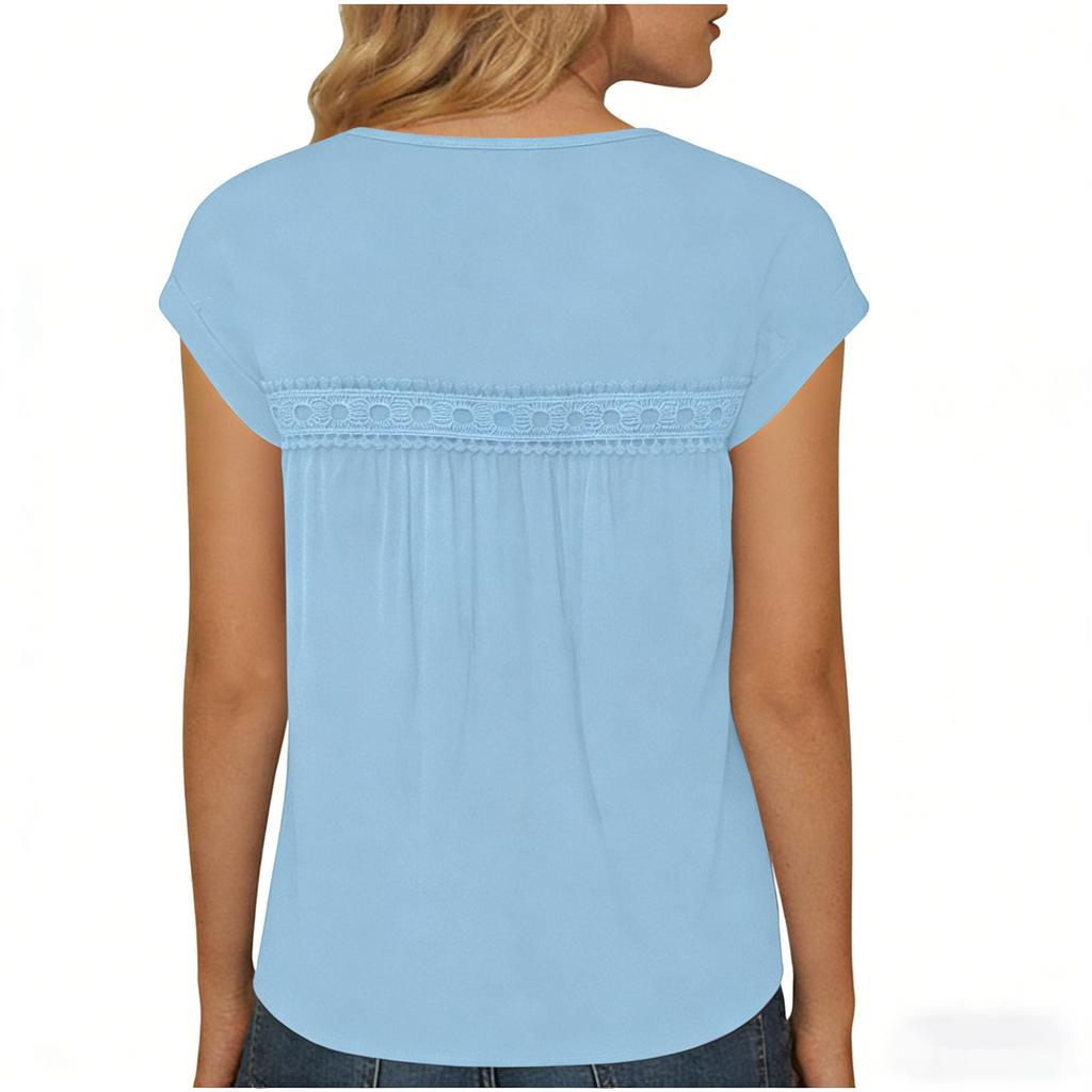 Women's Lace Shirts Fashion Short Sleeve Casual Pleated Top