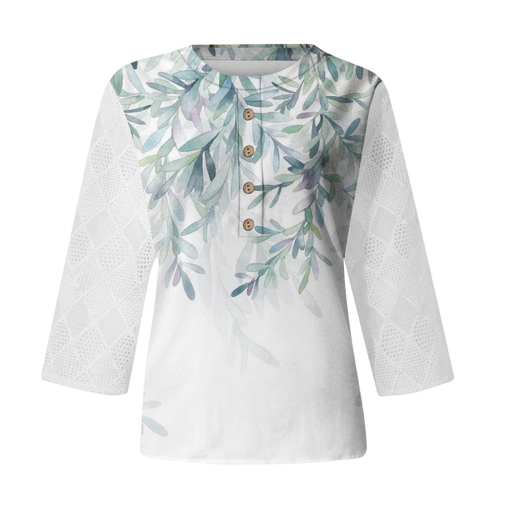 Women V Neck 3/4 Sleeve Shirts Print Lace Casual Blouse Loose Work Tunic Tops