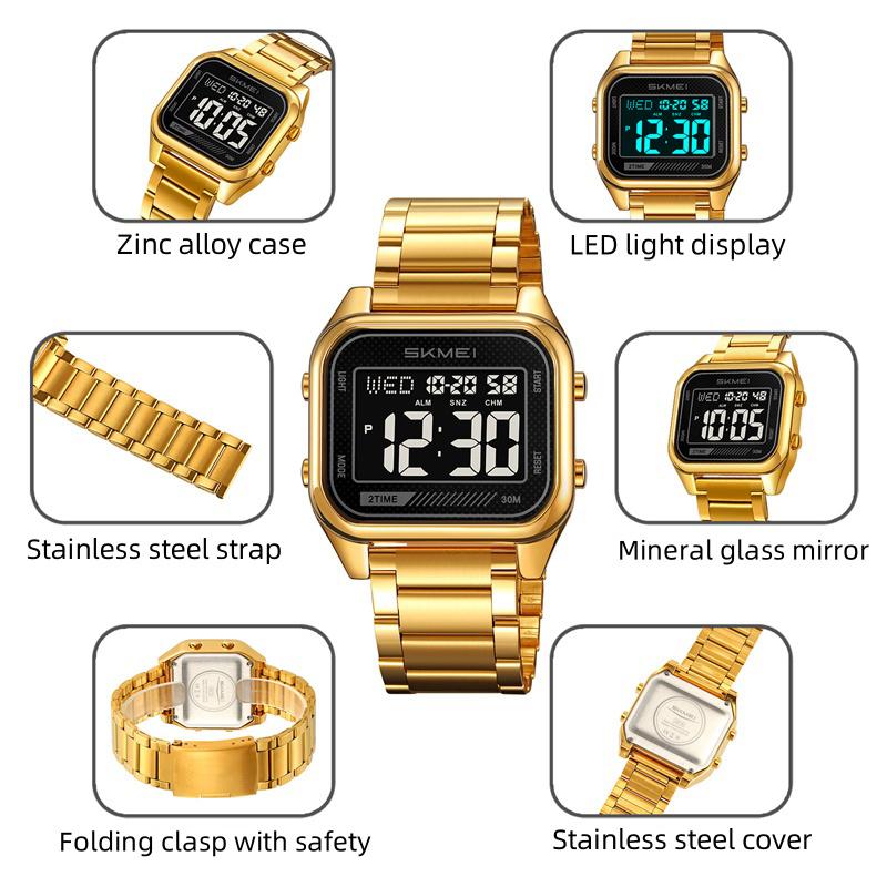 Skmei Dual Time Zones Digital Watches for Mens Luxury Full Steel Strap LED Waterproof Chronograph Fashion Sports Alarm Clock