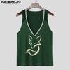 INCERUN Summer Men Deep V Neck Sleeveless Lace Hem Print Casual Tank Tops