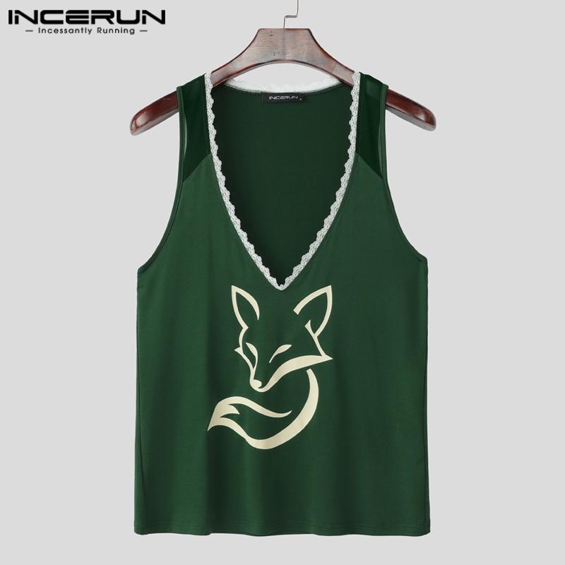INCERUN Summer Men Deep V Neck Sleeveless Lace Hem Print Casual Tank Tops