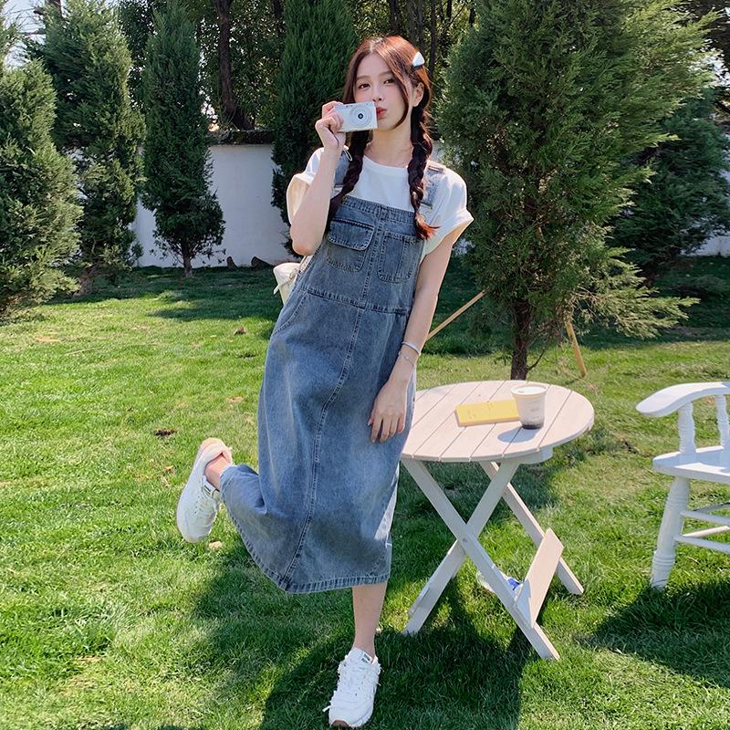 2025 Summer Casual T-Shirt and Denim Overall Skirt Set for Women