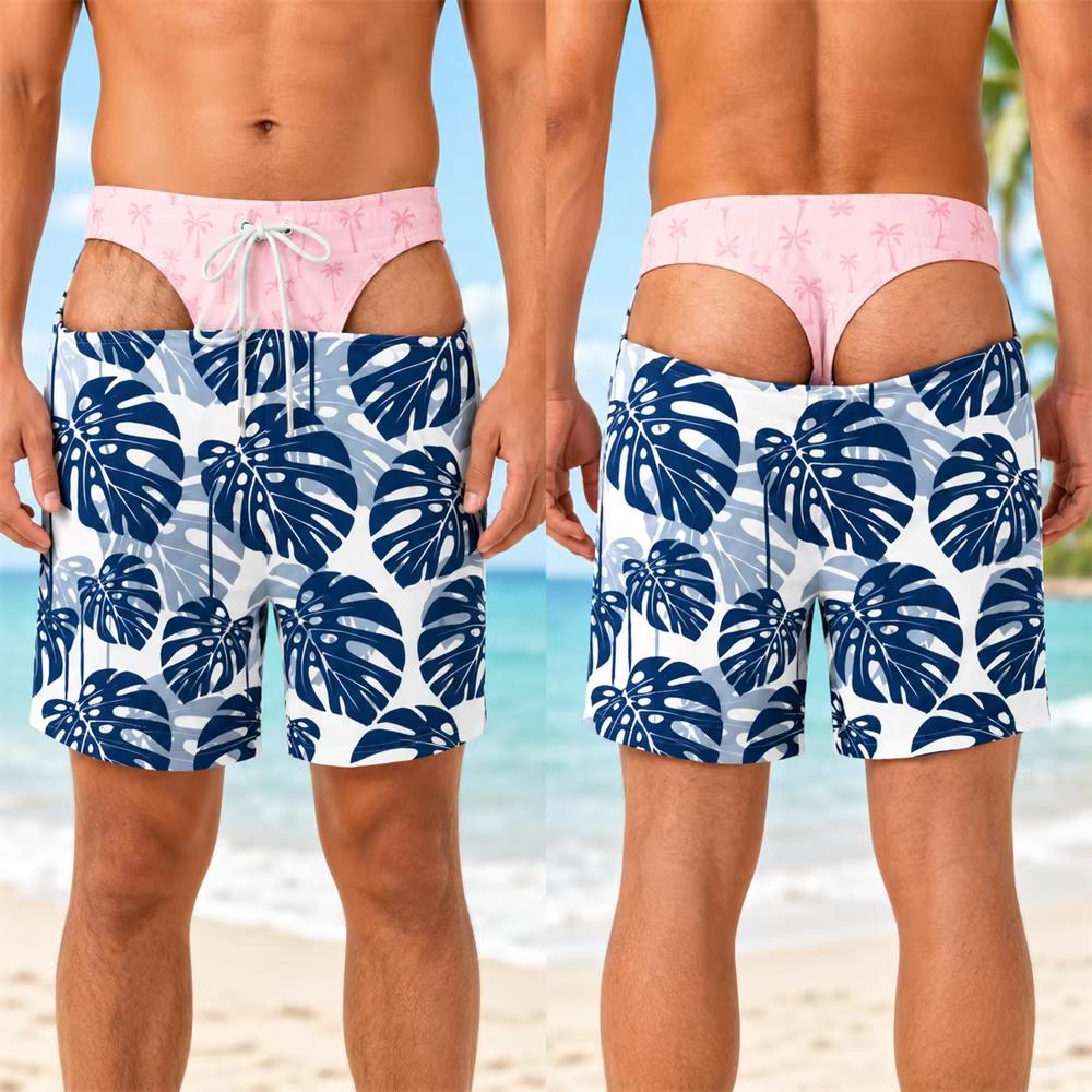 Tropical Plant Flowers Print Fake Buttocks Pattern Funny Men Swim Trunks Perfect Quirky Party Gifts Summer Fashion Beach Shorts