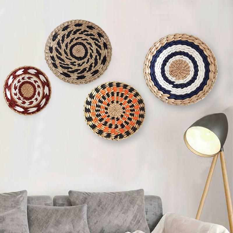 1PC Woven Rattan Disc Home Straw Round Plate Ornament Handmade Wall Hangings Boho Natural Papyrus Tassels Art Decoration