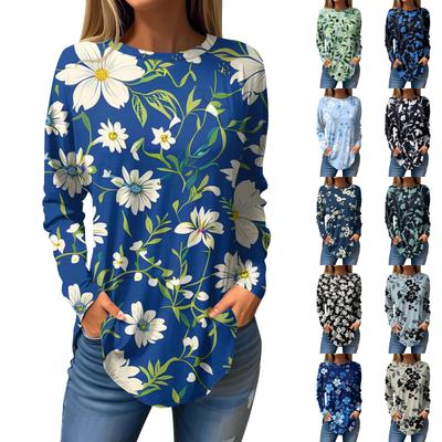 Women's Fashion Casual Round Neck Floral Long Sleeve T-shirt Pullover Long Sleeve Top